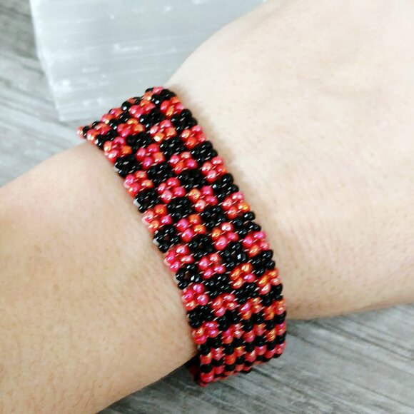 Hematite Gemstone Beaded Checker Bracelet, Adjustable Seed Bead Bracelet - Picture 2 of 11